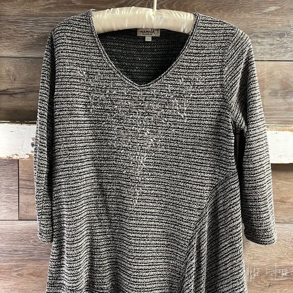 One World Ladies Scoop Neck Asymmetrical Tunic,Size Petite M,Black w Rhinestones - Picture 3 of 7